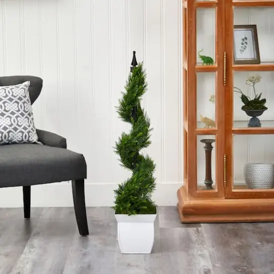4ft. Spiral Cypress Topiary in White Metal Planter {4}