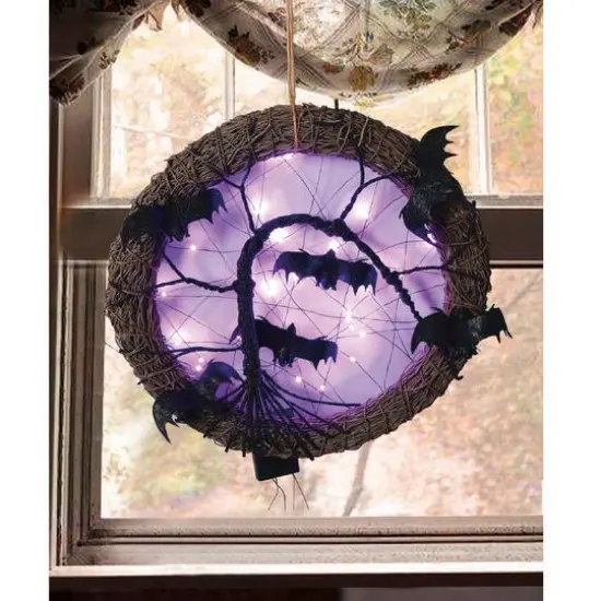 15" LED Rattan with Bats Halloween Wreath {3}