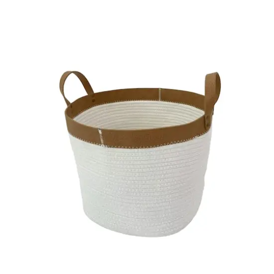 White Fabric Rope Basket with Brown Faux Leather Brim by Ashland&reg; {1}