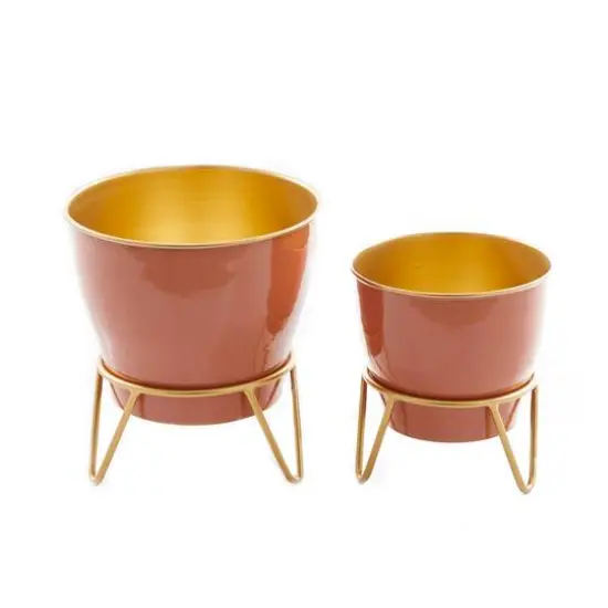 Set of 2 Pink Iron Modern Planter, 12" x 10" x 10" {7}