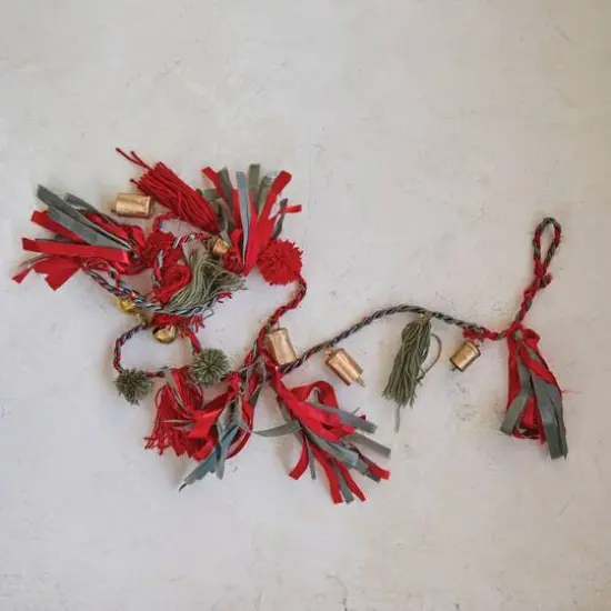 Hello Honey® 6ft. Metal Bells with Pom Poms, Tassels & Fabric Remnants Garland Red/Gray/Green {3}