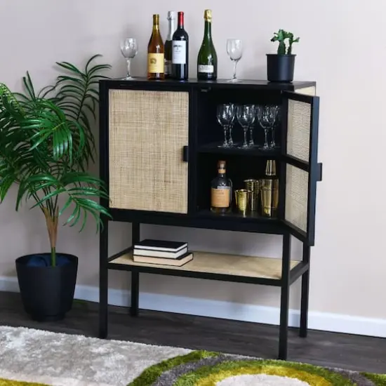 Hello Honey&reg; 47" Boho Woven Rattan and Wood Cabinet with Doors, Shelf, and Interior Storage Compartments Black and Natural {4}