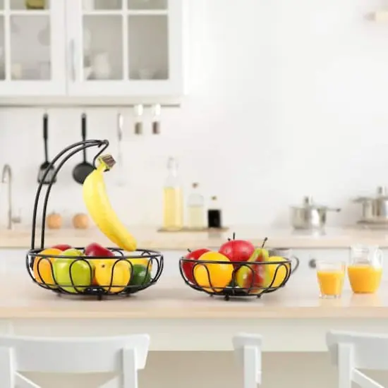 NEX™ 15" Black 2 Tier Fruit Basket Storage Holder with Banana Hanger {5}