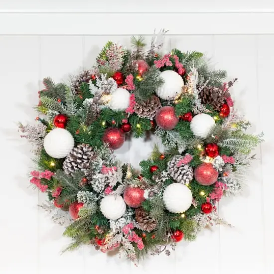 Village Lighting 30" Pre-Lit Frosted Wonderland Christmas Wreath, Red & Clear LED Lights {10}