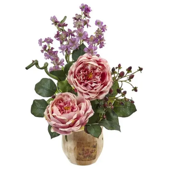 Large Rose and Dancing Daisy in Wooden Pot {1}