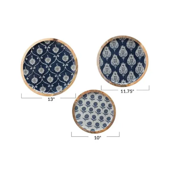 Hello Honey&reg; Blue Floral Enameled Round Mango Wood Tray Set {5}
