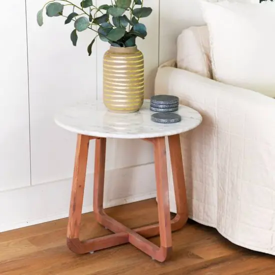 Hello Honey&reg; Modern Bohemian Marble & Wood Round End Table Light Blonde Finish {4}