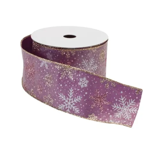 2.5" x 10yd. Mauve Wired Glitter Snowflake Ribbon {1}