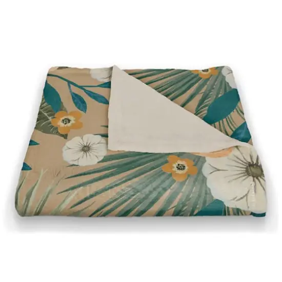 Tropical Floral Coral Fleece Blanket Beige {3}