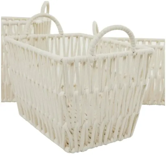 White Cotton Handmade Storage Basket with Handles Set of 3 12", 11", 10" {4}
