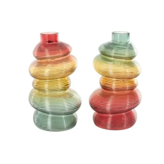 12" Multicolor Glass Ribbed Stacked Stones Vase Set with Color Blocks {8}