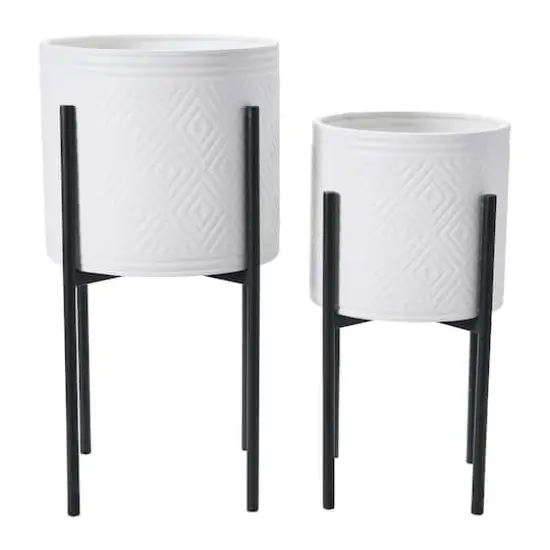 Hello Honey&reg; White & Black Boho Embossed Metal Planters with Stands Set {1}