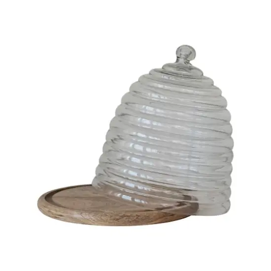Hello Honey® 11.5" Clear & Natural Reclaimed Etched Glass Beehive Shaped Cloche with Mango Wood Base {5}