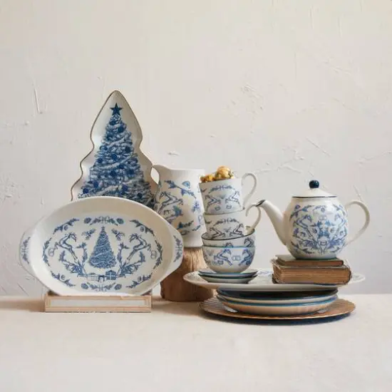 Hello Honey&reg; 1qt. Blue & Cream Classic Holiday Stoneware Pitcher {3}