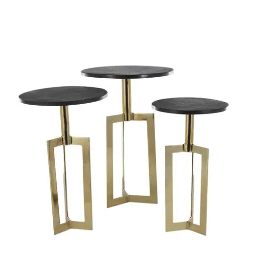 Gold Aluminum Geometric Accent Table with Black Marble Tabletop Set {9}