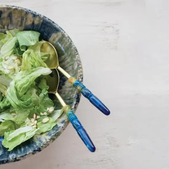 Hello Honey 2-Piece Stainless Steel Salad Servers with Marbled Resin Handles, Gold Finish and Blue {4}