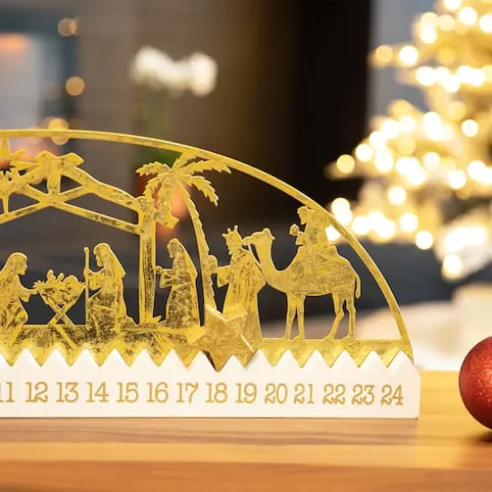 Glitzhome&reg; 23.5" Wooden & Metal Gold Foil Nativity Countdown Calendar D&eacute;cor {6}
