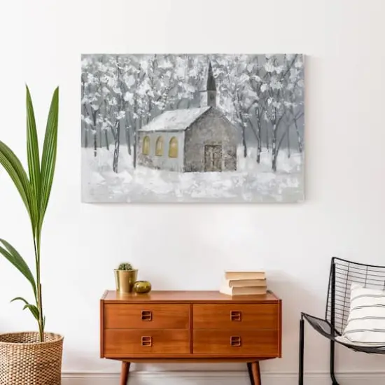Church In Snowy Forest Canvas Wall Art {5}