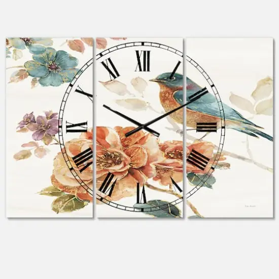 Designart 'Cottage Bird On Orange Flower Twig Farmhouse Multipanel Wall Clock {1}