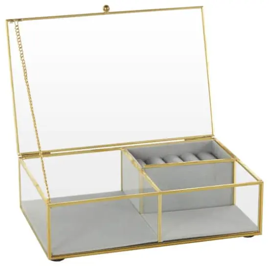9" x 6" x 3" Clear & Gold Glass & Metal Jewelry Box with Chain Accent & Fabric Ring Slots {1}