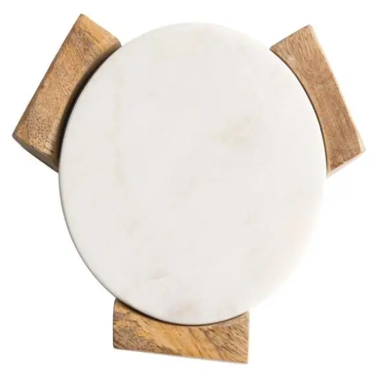 Hello Honey&reg; Round Marble Coasters with Mango Wood Holder Set {8}