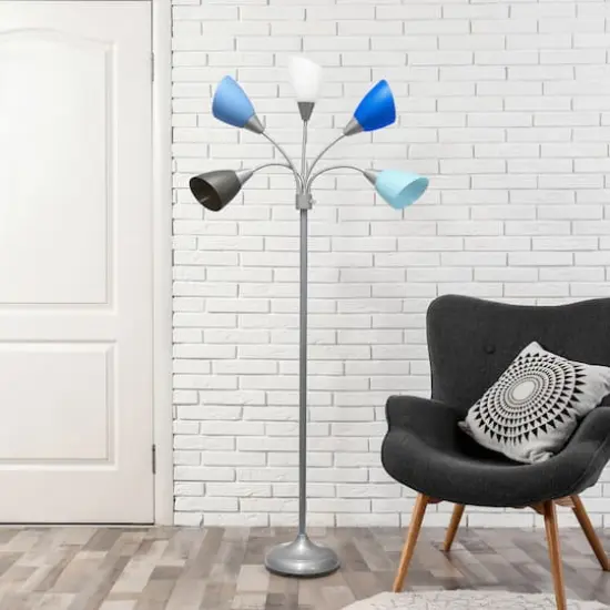 Simple Designs&trade; 5.6ft. 5-Light Gooseneck Silver Floor Lamp Silver White Gray and Blue Shades {5}
