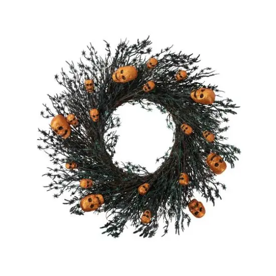 22" Black & Orange Skulls and Spiders Halloween Twig Wreath {1}