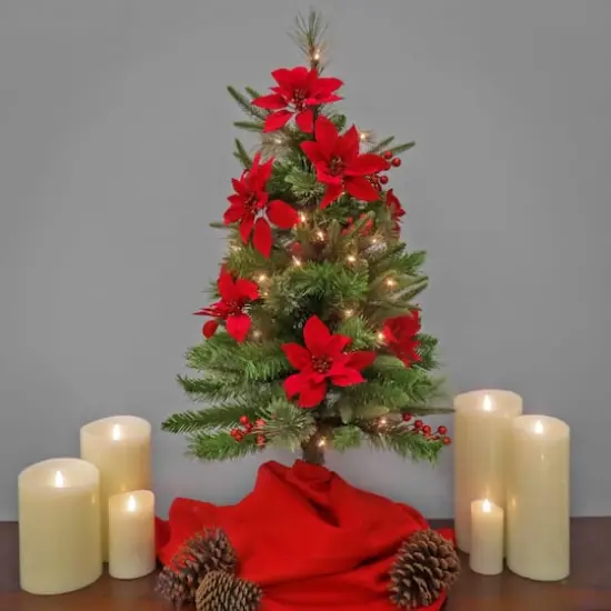 3ft. Pre-Lit Colonial Red Poinsettias Artificial Christmas Tree, Clear Lights {3}