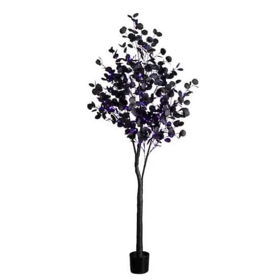 7ft. Pre-Lit Artificial Halloween Black Eucalyptus Tree with 420 Orange & Purple LED Lights {4}