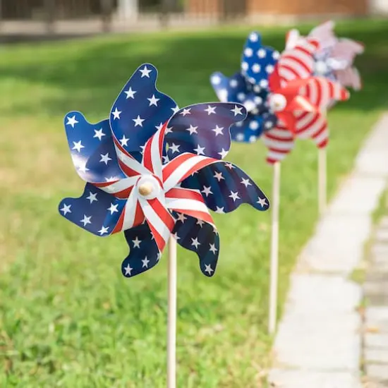Glitzhome&reg; 32" Plastic Stars & Stripes Patriotic Windmill Set {3}