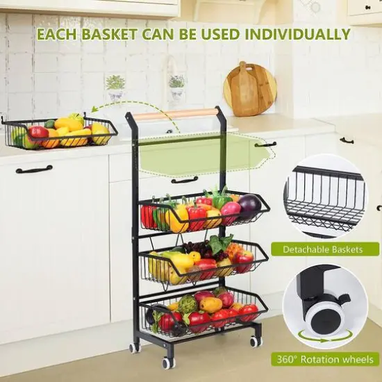 Black 4 Tier Fruit Vegetable Storage Basket Rolling Cart {4}