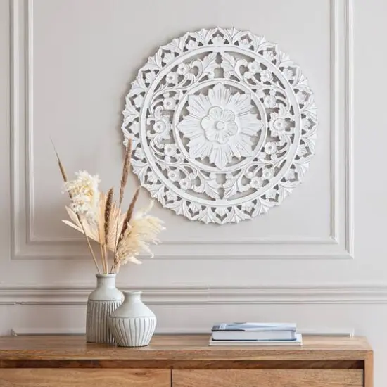 Habitat Etta 24" White Carved Floral Round Wall Art {3}