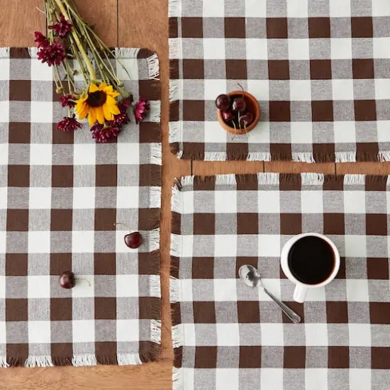 DII&reg; Heavyweight Check Fringed Cotton Placemats, 6ct. Bark Brown {5}