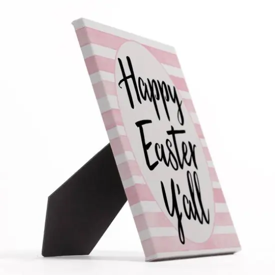Pink Watercolor Stripes Happy Easter Y'all Tabletop Canvas {3}