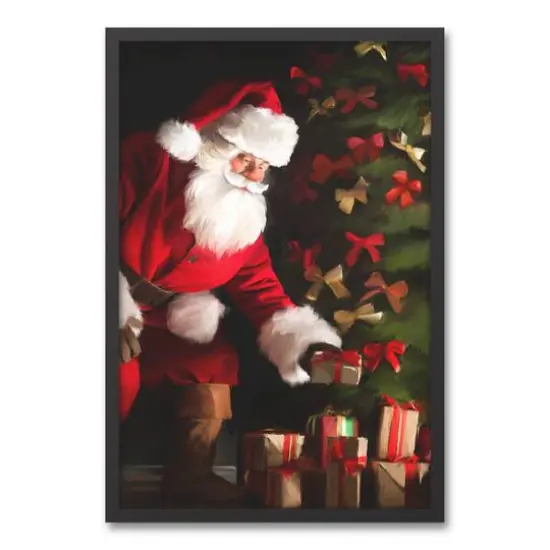 Santa Delivering Christmas Gifts Black Framed Wall Art {1}