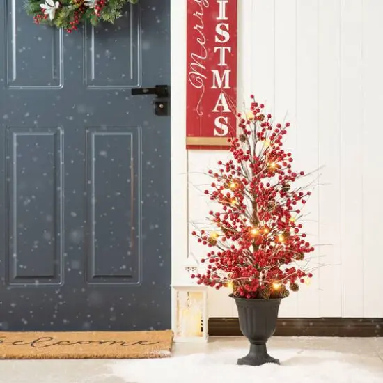 3ft. Pre-Lit Berry & Pinecone Artificial Urn Christmas Porch Tree, Warm White LED Lights {3}