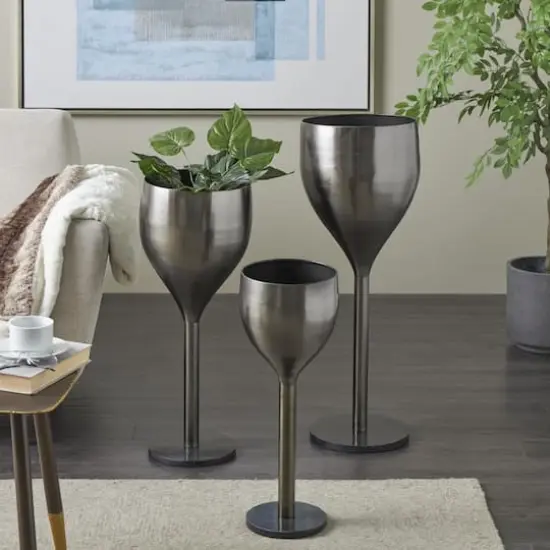 Silver Wine Glass Inspired Metal Planter Set {3}