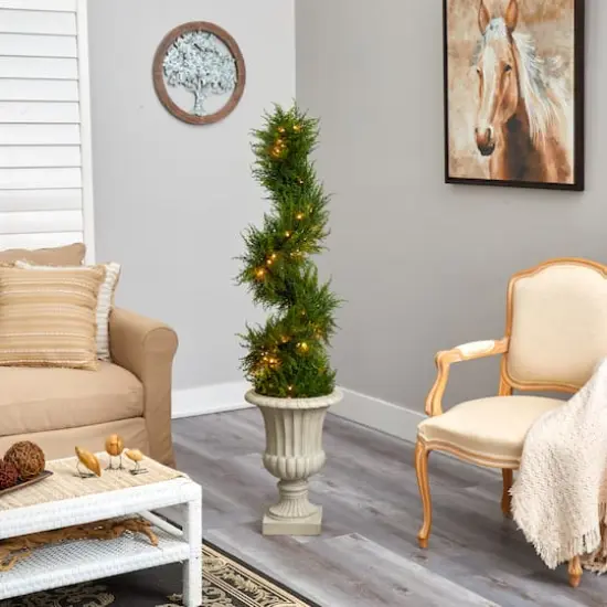 5ft. Pre-Lit Spiral Cypress Artificial Christmas Tree in Sand Finished Urn, Clear LED Lights {7}