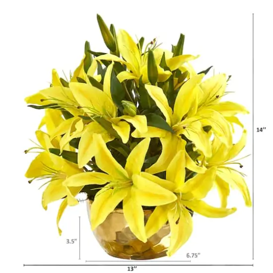 14" Lily Arrangement in Gold Vase Yellow {3}