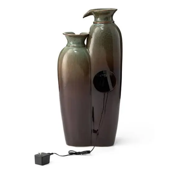 Glitzhome&reg; 30.75" 4-Tier LED Reactive Glaze Ceramic Vase Outdoor Floor Fountain Olive Green and Brown {7}