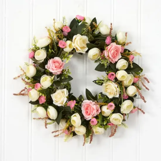 20" White & Pink Rose Wreath {3}