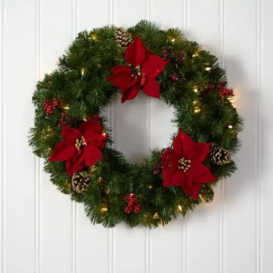 24" White LED Lights Poinsettia, Berry & Pinecone Artificial Wreath {5}