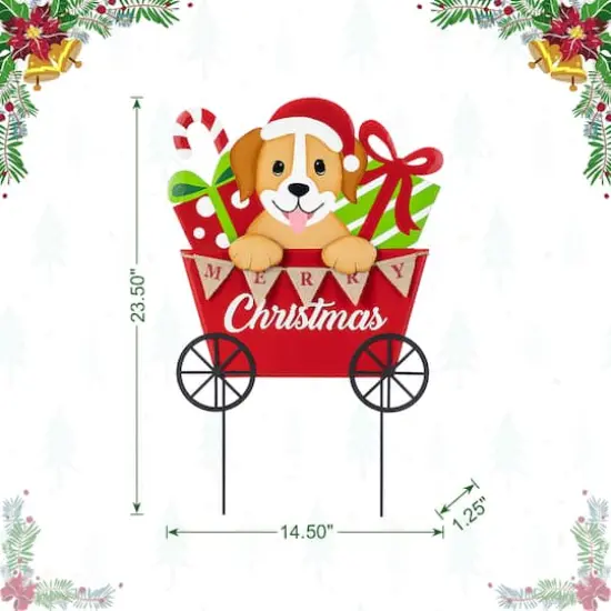 Glitzhome&reg; 24" Metal Christmas Dog and Gift Cart Yard Stake {9}