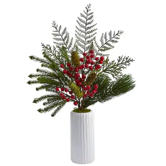 23" Mixed Pine, Pinecone & Berry Arrangement in White Vase {1}