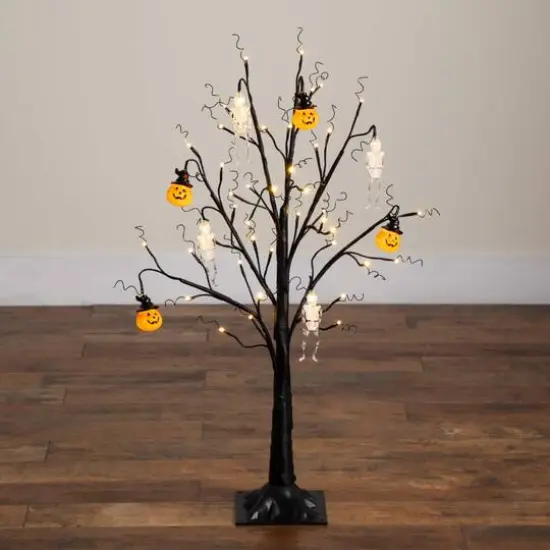3ft. Pre-Lit Artificial Halloween Pumpkins and Skulls Ornament Tree with 48 Warm White LED Lights {12}