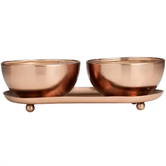 12oz. 2-Wick White Wax Tropical Breeze Scented Candle with Copper Container Bowls and Thin Oval Holding Tray Set {6}