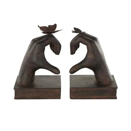 7.5" Dark Brown Hands Heart Inspired Decorative Bookend Set with Butterfly & Copper Accents {9}