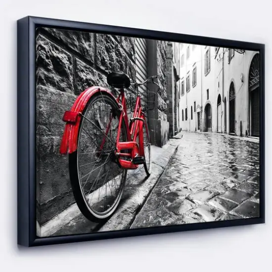 Designart - Retro Vintage Red Bike - Cityscape Photo Framed Canvas Art Print Black {1}