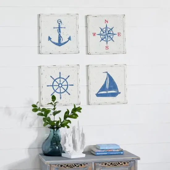 Set of 4 White Metal Coastal Wall Decor, 12" x 12" {9}