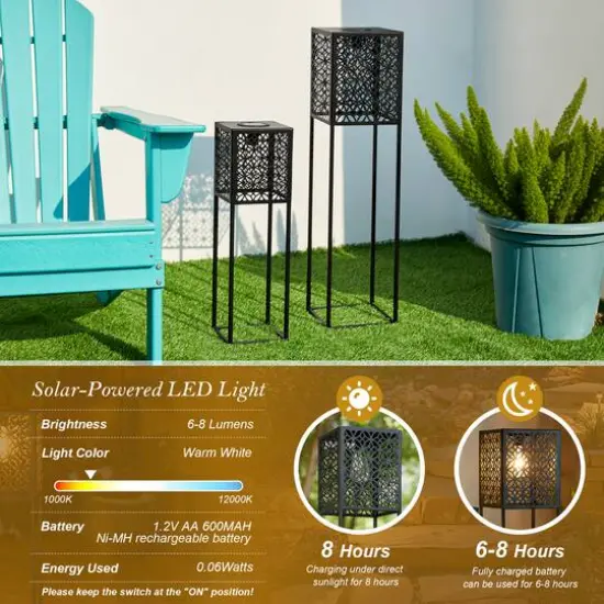 Glitzhome&reg; Black Metal Cutout Pattern Solar Powered Outdoor Floor Lanterns Set {7}